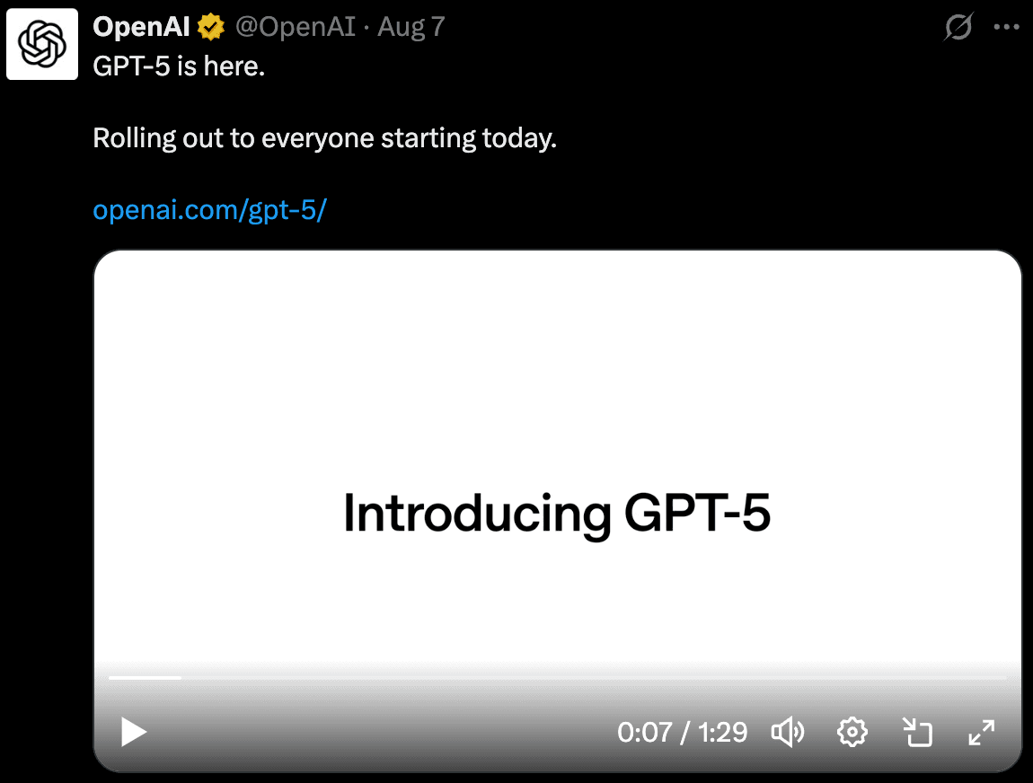 X Post of OpenAI announcing GPT-5 release