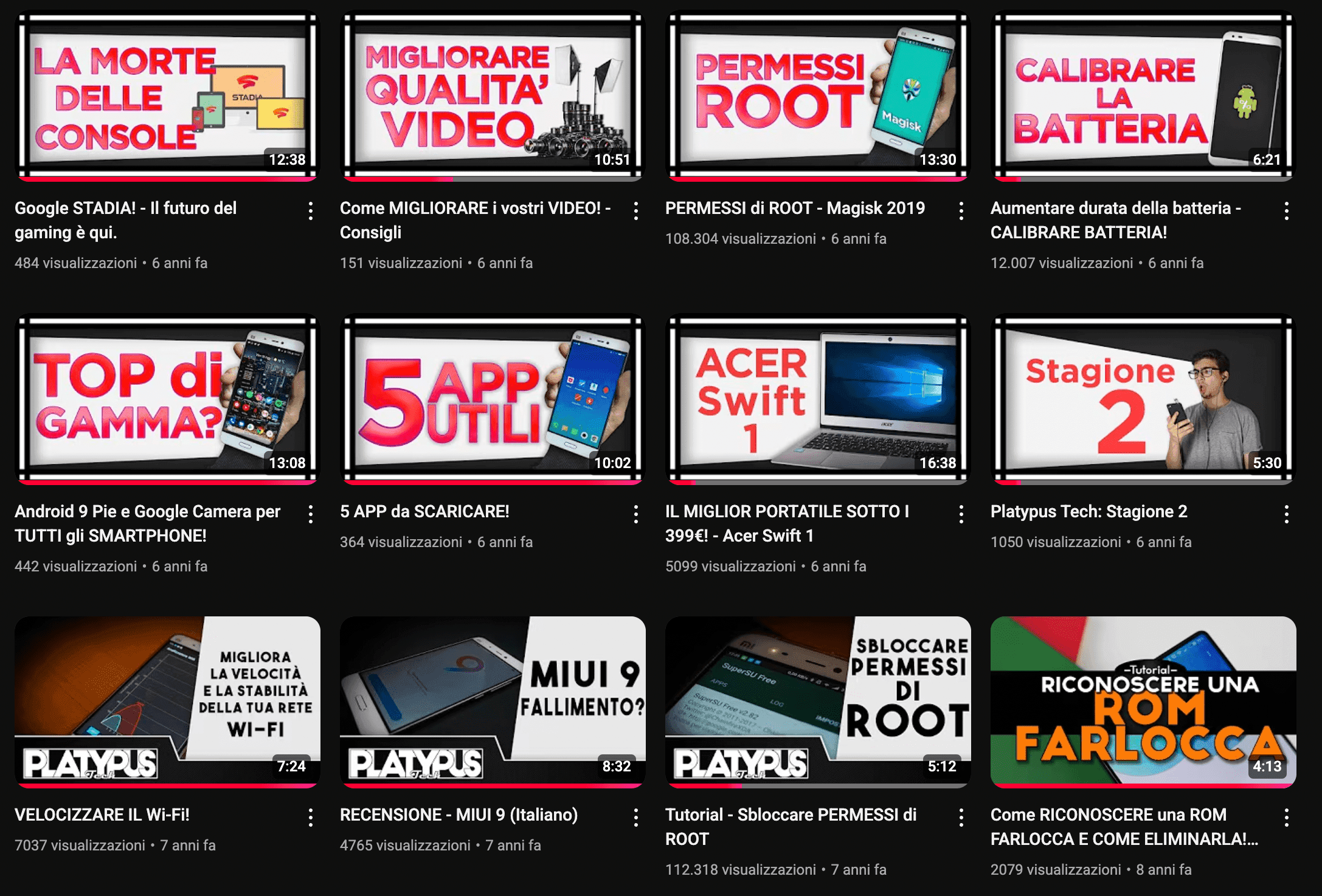 A screenshot of the old videos in the YT channel
